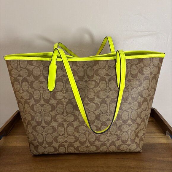 Coach Brown Signature Canvas Neon Lime Green Neon Glo Yellow City Tote - Picture 3 of 10